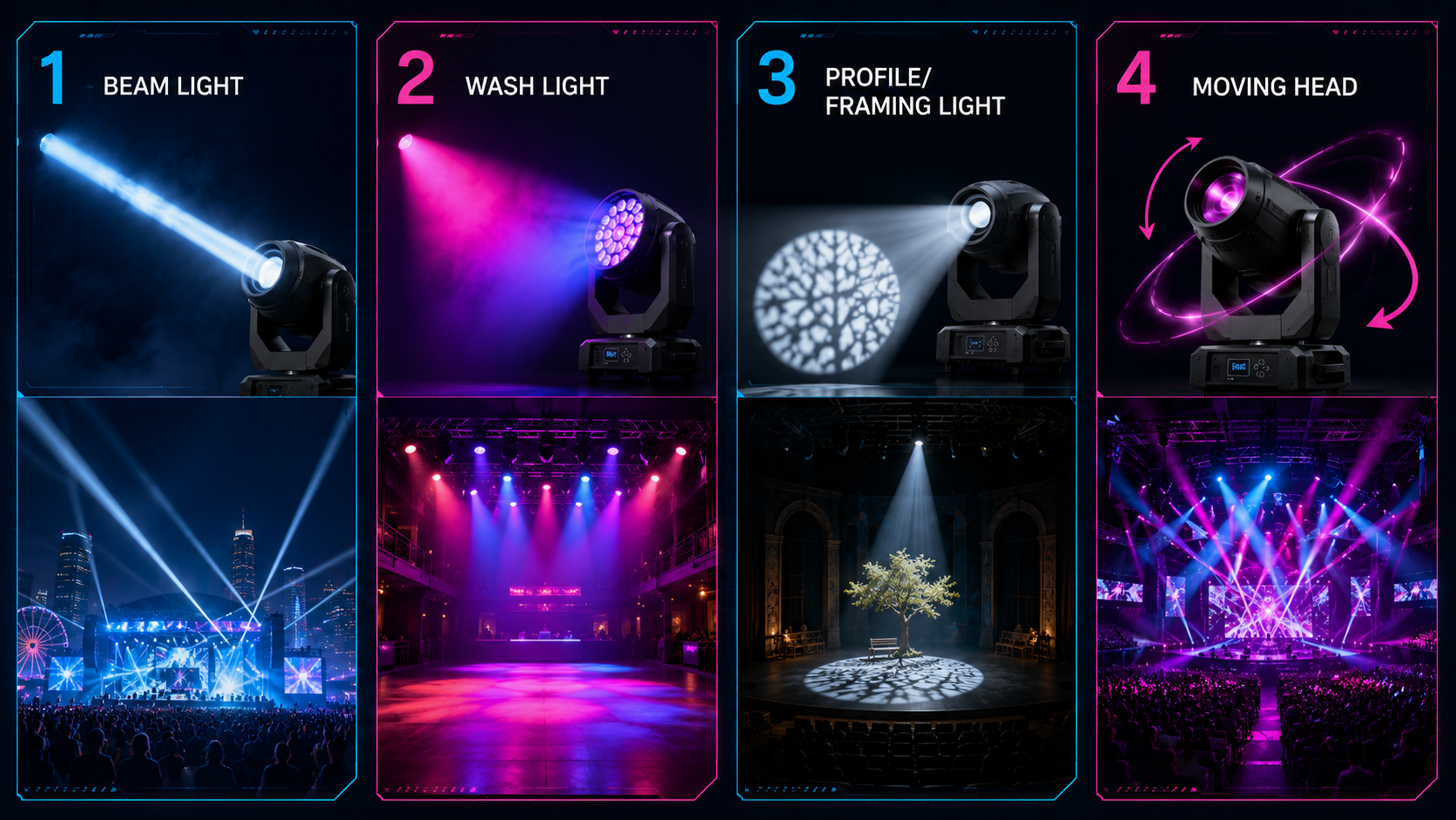 Different Type of stage lights Различные типы сценического освещения
